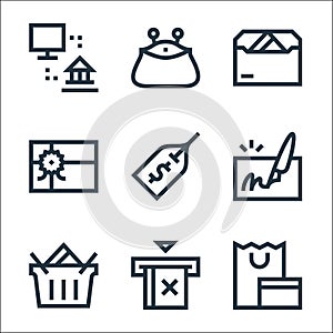 Payment line icons. linear set. quality vector line set such as shopping, no cit card, shopping basket, cheque, price tag, gift