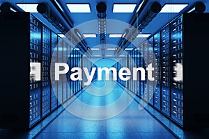 payment logo in large modern data center with multiple rows of network internet server racks, 3D Illustration