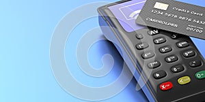 Payment machine, POS terminal and credit cards on blue background. 3d illustration