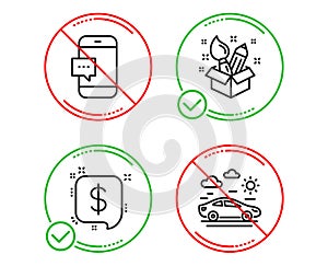 Payment message, Smartphone message and Creativity icons set. Car travel sign. Vector