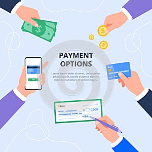 Payment method and option to transfer money. Cash, mobile app, credit card, check, coins. Vector flat illustration for
