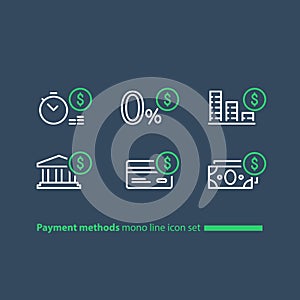 Buy in credit concept, payment installment plan, zero fee offer, line icons photo
