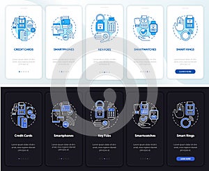 Payment methods night and day mode onboarding mobile app screen