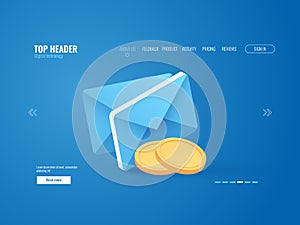 Payment notification concept, envelop with gold coin money, email isometric photo
