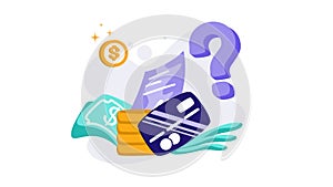 Payment Options Animation for transaction, question mark, credit card, money, coin, concept on financial finance, marketplace, per