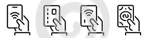 Payment options icons set. NFC payment with mobile phone, debit-credit card, NFC payment and cash. Pay symbol line icon set -