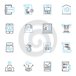 Payment options linear icons set. Credit, Debit, PayPal, Mobile, Cash, Check, Bitcoin line vector and concept signs