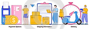 Payment options, shipping information, delivery concept with people character. Online shopping abstract vector illustration set.