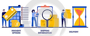 Payment options, shipping information, delivery concept with tiny people. Online shopping abstract vector illustration set.