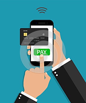 Payment from phone by card. Hand holding mobile with app of online pay. Contactless transaction from smartphone in shop. Wireless