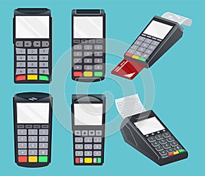 Payment pos terminal set. NFC payment machine concept. Bank payment terminal, mockup. Vector illustration in flat design