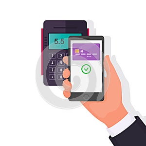 Payment for purchase via smartphone. Contactless payments. Vector illustration