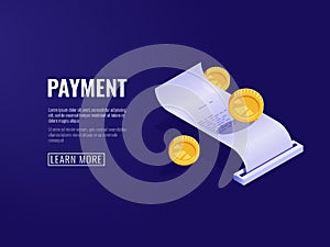 Payment receipt, payroll, electronic bill, online buying concept isometric vector