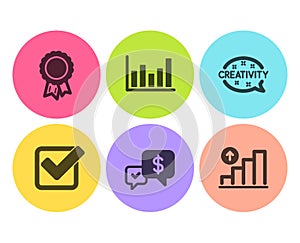 Payment received, Creativity and Checkbox icons set. Success, Column chart and Graph chart signs. Vector