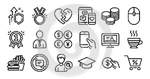 Payment, Reward and Stop talking line icons set. Vector