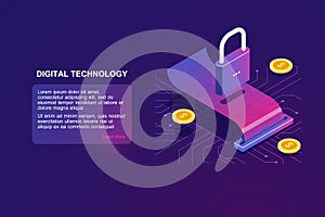 Payment security and money transaction, isometric icon of lock, digital banking, online bank operation, cryptocurrency