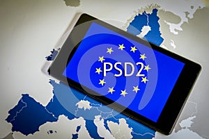 Payment Services Directive 2,smartphone, EU flag and map.