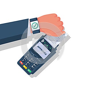 Payment smart watch. NFC concept. Cashless payment smart clock.