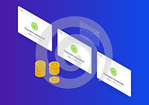 Payment successful isometric illustration with gold coins and chart