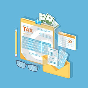 Payment of tax, accounts, bills concept. Financial calendar, tax form on the clipboard, envelope with checks, money, cash, invoice