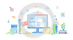 Payment Tax. Taxation, calculation of tax return. People count bills and pay online via electronic form. Vector illustration flat