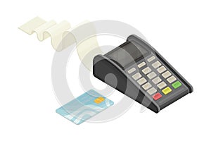 Payment Terminal with Cheque and Plastic Card as Financial Accounting and Summary Isometric Vector Composition