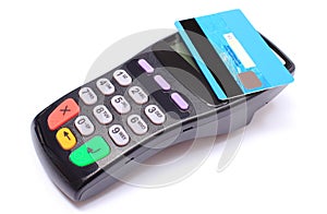 Payment terminal with contactless credit card on white background