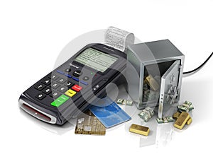 Payment terminal with credit card and safe with gold and money.