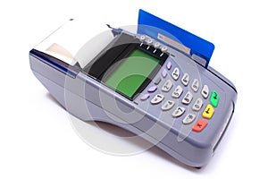 Payment terminal with credit card on white background