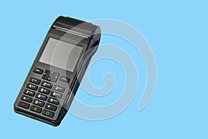 Payment terminal isolated on a dlue background. Contactless payment