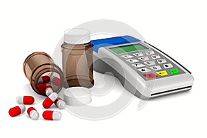 Payment terminal and medecine on white background photo