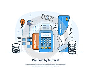 Payment by terminal, modern online money transfer service. POS terminal for electronic payments, contactless pay smartphone or