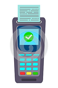 Payment Terminal POS with ATM debit credit card and print receipt. Electronic transaction Machine cashless technology. Contactless