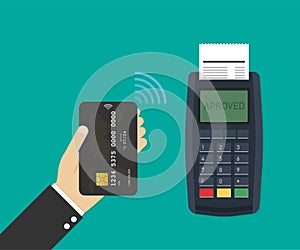 Payment terminal. Pos machine with credit card. Vector illustration.