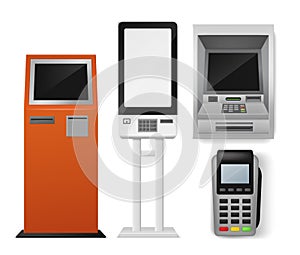 Payment terminal realistic set. Self-ordering kiosk and Atm, pos payment machine, debit credit card interactive photo