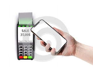 Payment terminal and smartphone in a hand isolated on white background.