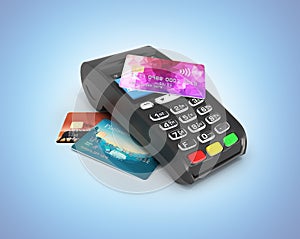Payment touch concept POS terminal with credit card on it isolated on blue gradient background 3d render