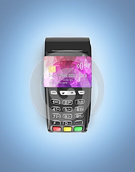 Payment touch concept POS terminal with credit card on it isolated on blue gradient background 3d render