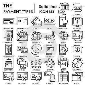 Payment types line icon set, commerce symbols collection or sketches. Business and mobile banking linear style signs for