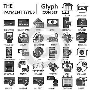 Payment types solid icon set, commerce symbols collection or sketches. Business and mobile banking glyph style signs for