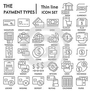Payment types thin line icon set, commerce symbols collection or sketches. Business and mobile banking linear style