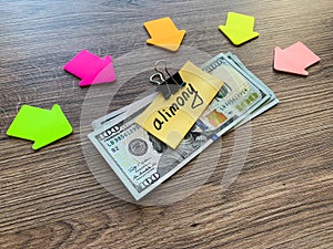 Payments alimony. Pile Dollars with sign alimony and money. Divorce and separation concept