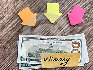 Payments alimony. Pile Dollars with sign alimony and money. Divorce and separation concept.