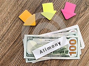 Payments alimony. Pile Dollars with sign alimony and money. Divorce and separation concept.