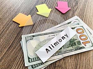 Payments alimony. Pile Dollars with sign alimony and money. Divorce and separation concept.