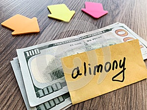 Payments alimony. Pile Dollars with sign alimony and money. Divorce and separation concept