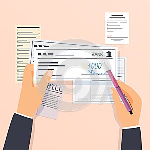 Payments and financial operations. signing bank check. Flat design modern vector illustration concept.