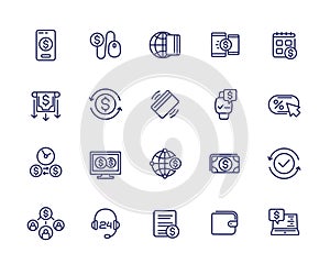 Payments, online banking and money line icons set