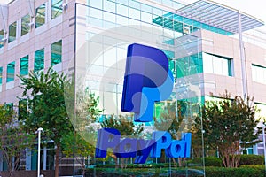 PayPal sign in front of PayPal Holdings headquarters building