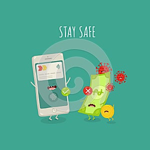 Paypass money stay safe from corona virus. Vector illustration